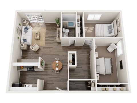 A top-down view of a small apartment with a kitchen, living room, and bedroom.